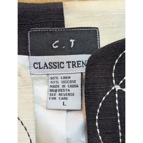 Classic Trend 90s/Y2K Linen Blend Cat Appliqué Jacket Colorblock Black Cream L - Picture 3 of 8